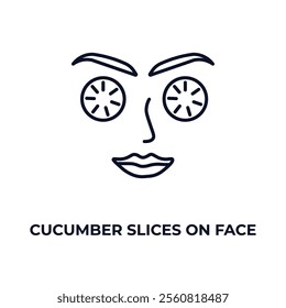 cucumber slices on face outline icon. Linear vector from beauty concept. Thin line cucumber slices on face icon isolated on white background