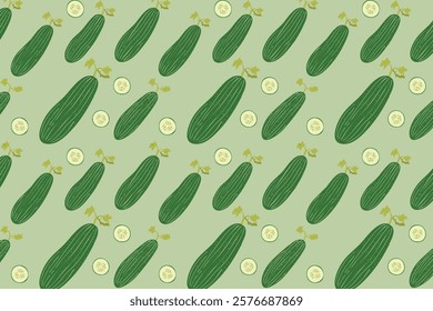 Cucumber and slices on a green background. Seamless pattern.