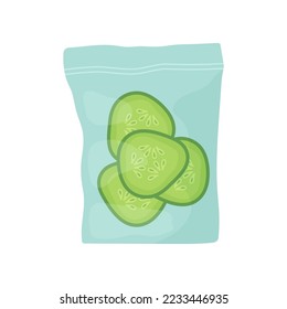 Cucumber slices in plastic pack vector illustration. Packaging with pieces of vegetable or healthy snack for lunch at school or office on white background. Lunch break, food concept
