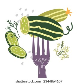 Cucumber slices and whole vegetable on fork flat cartoon vector illustration isolated on background. Cucumber for vegetables and pickles packs, kitchen textile prints.