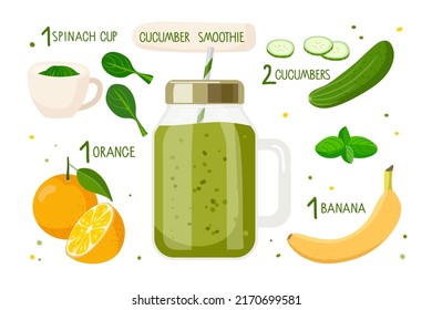 Cucumber smoothie recipe. Mason jar with smoothie and ingredients for cooking. Flat cartoon vector illustration For cafe menu, store, cooking class, recipe. Organic shake recipe. Healthy nutrition. 