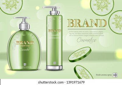Cucumber soap and shampoo Vector realistic. Product packaging mockup cosmetics. Detailed white bottles with label design. 3d template illustrations
