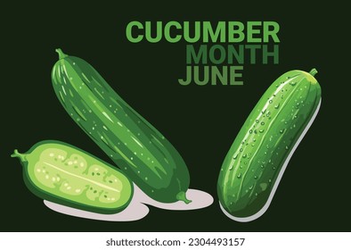 cucumber with spalsh water with bold text isolated on dark green background. vector eps. cartoon illustration. to commemorate cucumber month on june
