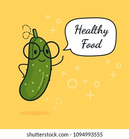Cucumber with speech bubble. Balloon sticker. Cool vegetable. Vector illustration. Cucumber clever nerd character. Healthy food concept. Smart vegan diet poster