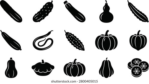 Cucumber Squash Pumpkin Gourd Silhouette Icon Set Vector Zucchini Bitter Melon Icons