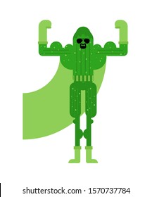 Cucumber superhero. Super Vegetable in mask and raincoat. Strong cucumbers