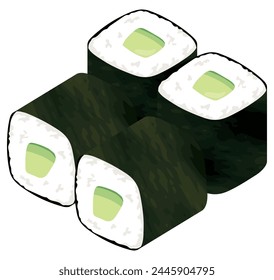 Rollos de sushi de pepino. Cocina japonesa. Ilustración vectorial.