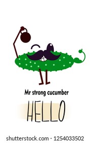 Cucumber symbol icon with mustache. Vector illustration of comic book. Isolated on white