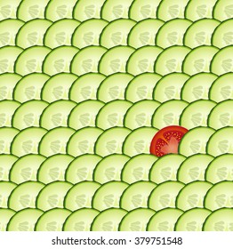  cucumber textured background with one slice of tomato, special vegetable, vector