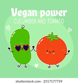 Cartão de pepino e tomate. Desenhado à mão vetor estilo doodle desenho de ícone de ilustração de personagem de desenho animado. Carteira de conceito Happy Cucumber and Tomato Friends