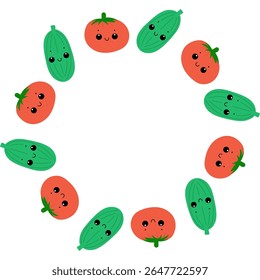 Cucumber and tomato round frame with smiling faces. Kawaii vegetables in wreath.