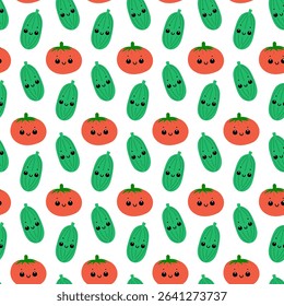 Cucumber and tomato seamless pattern on white background. Cute vegetables with smiling faces.