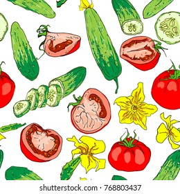 Cucumber and tomato seamless pattern. Vegetable background. Isolated cucumber and tomato, whole and sliced pieces. Vector illustration