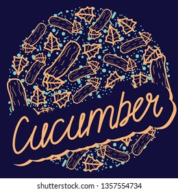 Cucumber vector circle pattern with lettering. Funny doodle healthy food on a dark background