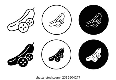 Cucumber vector icon set. Pickle slice symbol in black filled and outlined style.