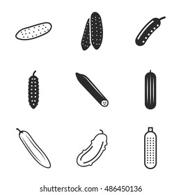 Cucumber vector icons. Simple illustration set of 9 cucumber elements, editable icons, can be used in logo, UI and web design