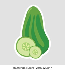 Cucumber Vector Illustration Sticker. A fresh cucumber vector illustration sticker, featuring a whole cucumber with slices. Great for food-related projects, healthy eating themes, and organic designs