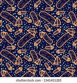 Cucumber vector lines seamless pattern. Funny doodle healthy food on a dark background.