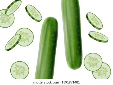 Cucumber Vector realistic. Fresh tasty slices vegetable detailed 3d illustrations