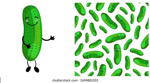 Cucumber vegetable character cute. Seamless vegetable pattern with green cucumbers. Children's vector illustration.