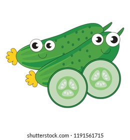 Cucumber Vegetable and slice funny cartoon. Outlined illustration with thin line black stroke