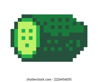 Cortes de verduras de pepino, signo píxel de verduras para comida y comida. Comida orgánica equilibrada, ingrediente vegetal para cocinar. Icono aislado en píxeles, diseño de juegos de 8 bits, vector de estilo plano