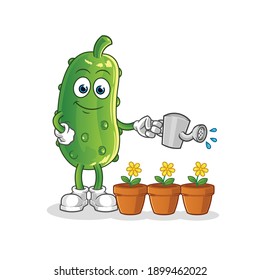 cucumber watering the flowers mascot. cartoon vector