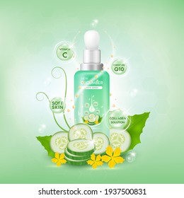 Cucumber white body serum, Extract Collagen and Vitamin. Cucumber skin care cream. Vector EPS10.