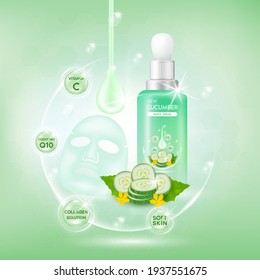 Cucumber white body serum, Extract Collagen and Vitamin. Cucumber skin care cream. Vector EPS10.