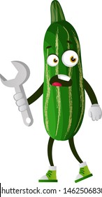 Cucumber with wrench, illustration, vector on white background.