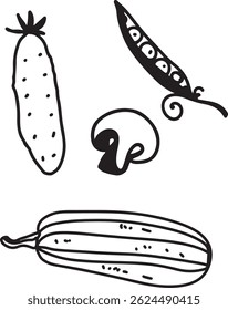 Cucumber, zucchini, peas, mushrooms. Drawing, engraving, ink, line art, vector	
