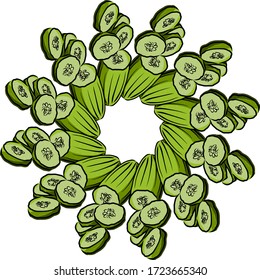 Cucumbers arranged in a circle. Seamless round composition with hand drawn veggies. Vector illustration on white background.