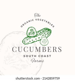 Cucumbers Badge Logo Template. Hand Drawn Vegetable Sketch with Retro Typography. Premium Plant Based Vegan Food Emblem. Isolated