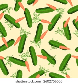 Cucumbers with Carrots. Vegetables endless pattern. Decorative food print template.