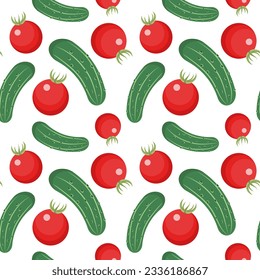 Cucumbers and cherry tomatoes - background, vector seamless pattern