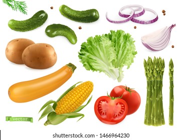 Cucumbers, coriander seeds, onions, potatoes, lettuce, zucchini, corn, tomato, asparagus. Vegetables 3d realistic vector set