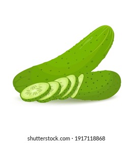 Cucumbers in flat style. Whole cucumber and slices .Vegetable organic food cucumber cut isolated on white background vector illustration