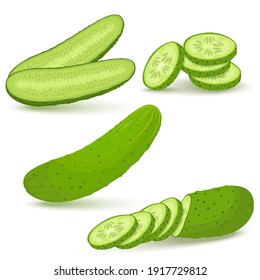 Cucumbers in flat style. Whole cucumber, half, slices and cucumbers group. Fresh farm vegetables collection. Vector illustrations isolated on white background.