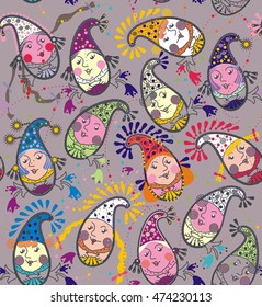 Cucumbers funny gnomes a seamless pattern on a gray violet background.