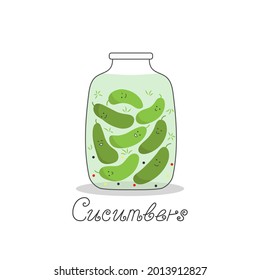 Cucumbers in a glass jar pickles character cartoon vector illustration.
