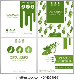 Cucumbers labels set. Collection of banners for pack design. Vegetarian food tags