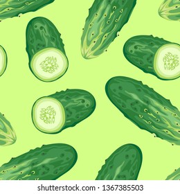 Cucumbers on a green background seamless pattern. Fresh vector vegetables. Illustration in cartoon simple flat style.