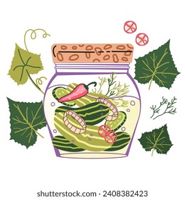 Cucumbers pickled vegetable jar, hand drawn vector illustration isolated on white background. Pickles in jar with leaves and spices for canned and healthy food.