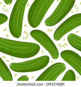 Cucumbers Seamless pattern. Fresh farm vegetables. Ingredients for cooking. Green Flat design style for menu, cafe, restaurant digital paper, wallpaper, textile fabric, wrapping paper.