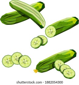 Cucumbers set. Whole cucumber, half, chopped, slices and cucumbers group. Organic vegetables. Healthy, diet, vegetarian food. Vector illustrations isolated on white background.