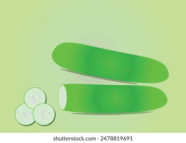 Cucumbers with sliced illustrations on green theme. Vegetable clipart editable vector EPS available