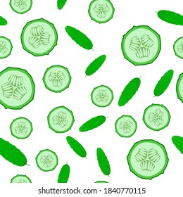 Cucumbers and sliced round pieces. Seamless pattern on a white background. Vector illustration.