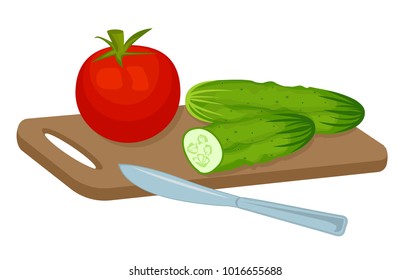 Cucumbers and tomato are on the cutting board next to the knife. Vector illustration