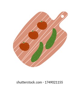 Cubitos y tomates en la cocina. Cocina con utensilios y verduras. Ilustración vectorial en el estilo Doodle.