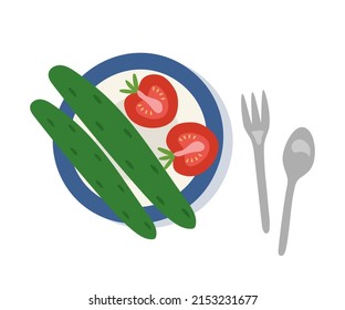 Copeteros y tomates en un plato con un llanto azul. Ilustración vectorial para el concepto de comida saludable y saludable.